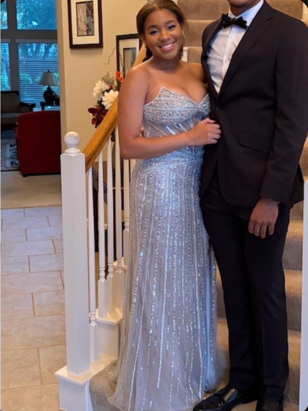 Silver Beaded Strapless Evening Gown